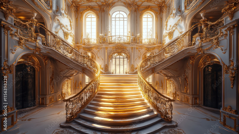 Grand opulent staircase in a palace with golden railings and sunlight streaming through large windows. Grand opulent staircase in a palace with golden railings and sunlight streaming through large windows.