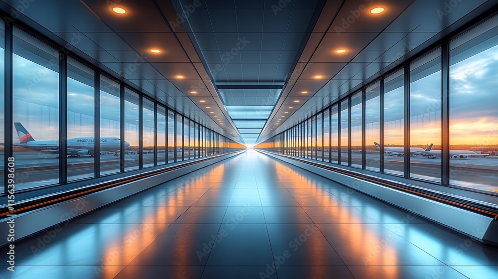 Airport Corridor With Airplane Views At Sunset Airport Corridor With Airplane Views At Sunset
