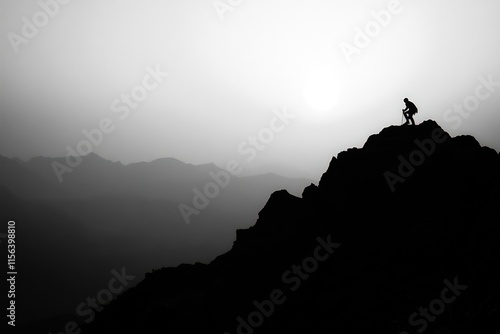 A silhouette of a person climbing a mountain at sunrise, symbolizing the rise, improvement, and seizing of opportunities.