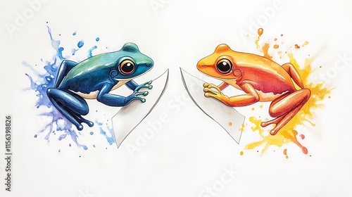 Vibrant Colored Frog Duo: A Hand-Drawn Illustration AI Generated photo