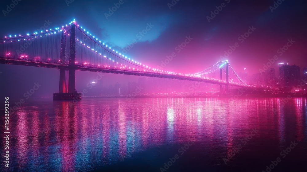 Fototapeta premium Neon-lit suspension bridge at night reflecting in calm water, foggy atmosphere.
