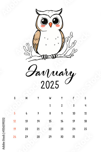 Cute Owl Calendar for January 2025, A charming illustration of a cartoon owl perched on a branch, featured in a calendar layout for January 2025