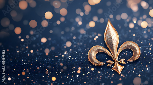 glowing fleur de lis symbol shines against dark background filled with sparkling bokeh lights, creating festive and elegant atmosphere photo