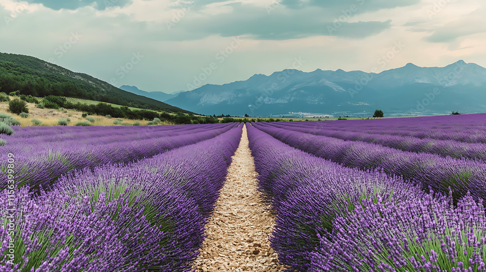 Obraz premium Serene Lavender Fields Leading to Majestic Mountains, A picturesque landscape of vibrant purple lavender fields stretches towards a backdrop of towering mountains under a cloudy sky.
