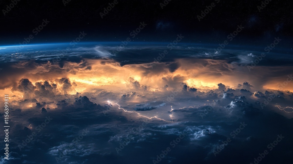 An epic depiction of a lightning storm from space, showing intricate cloud formations and energy An epic depiction of a lightning storm from space, showing intricate cloud formations and energy