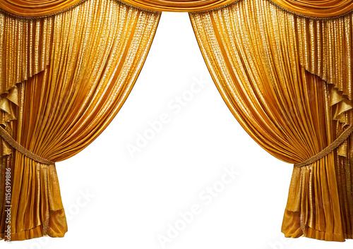 Glitter golden curtains reveal show grand opening stage isolated on a transparent or white background photo