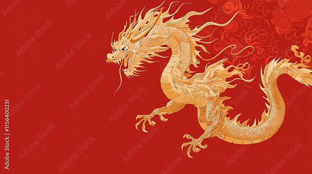 A rich red background with a highly detailed isolated golden dragon in a fierce pose A rich red background with a highly detailed isolated golden dragon in a fierce pose