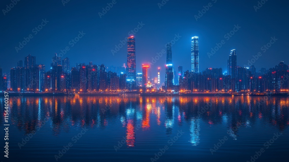 Fototapeta premium Night cityscape reflected in calm water. (2)