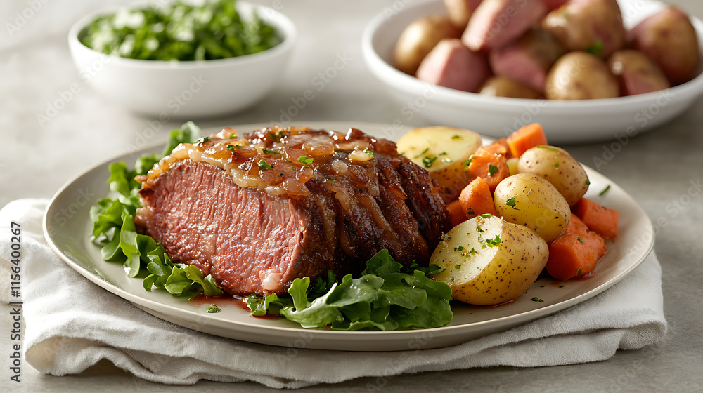 Delicious Dinner Plate Featuring Roasted Steak, Sweet Potato, and Carrots, A close-up view of a beautifully plated dinner featuring a perfectly seared steak, alongside roasted sweet potato and sliced 