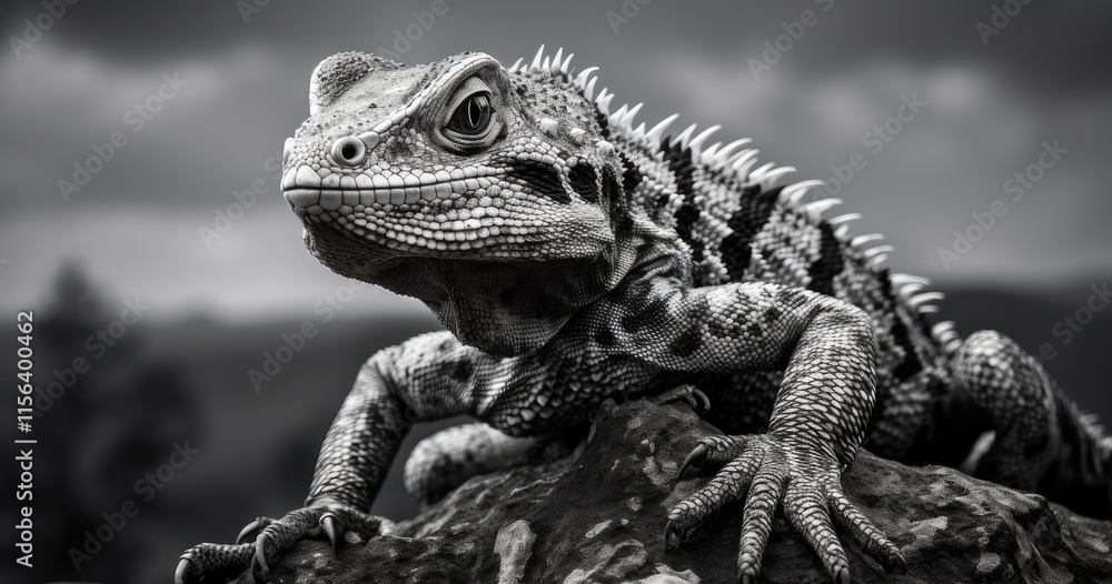 A close-up of a textured lizard perched on a rock in black and white. A close-up of a textured lizard perched on a rock in black and white.