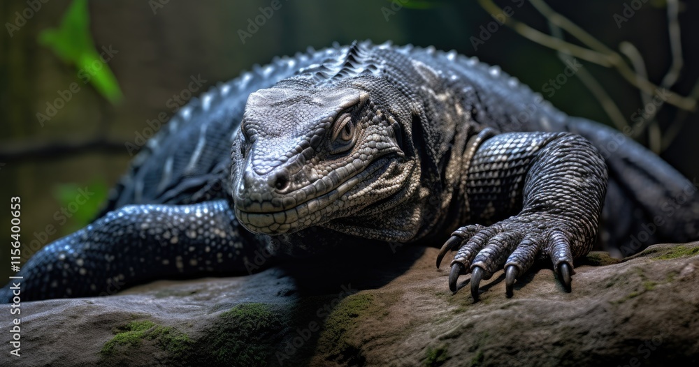 A close-up of a textured lizard resting on a branch in a natural habitat. A close-up of a textured lizard resting on a branch in a natural habitat.