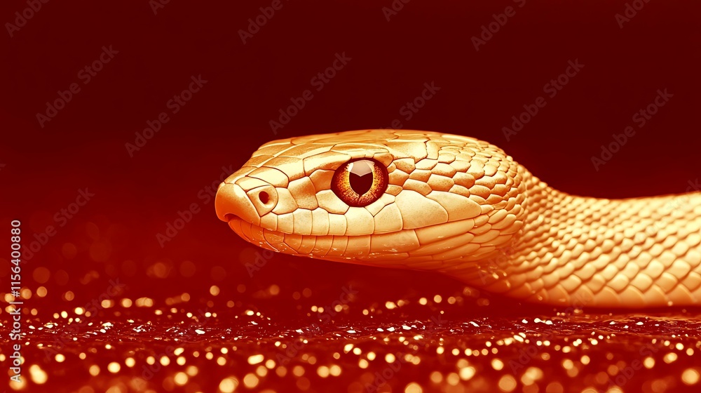 Fototapeta premium A vibrant red background with an isolated small snake in a sleek pose, its eyes glowing with a golden hue