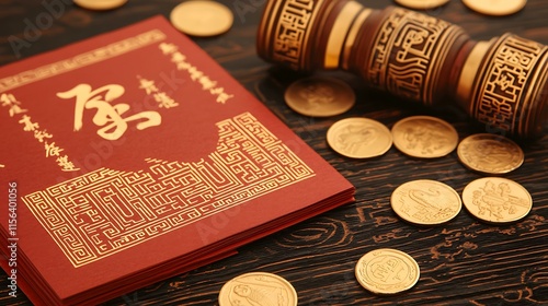 Close-up of red envelopes arranged on a wooden table with golden Chinese calligraphy and coins scattered around photo