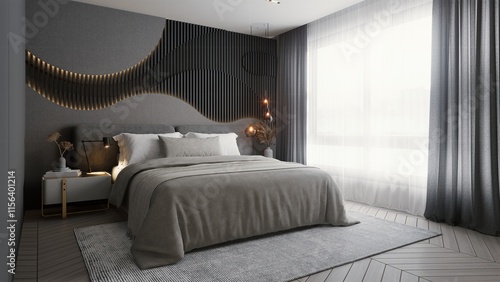 A modern bedroom featuring a stylish gray color palette, textured wall decor, a cozy bed, and large windows allowing natural light. 3d rendering master bed interior.