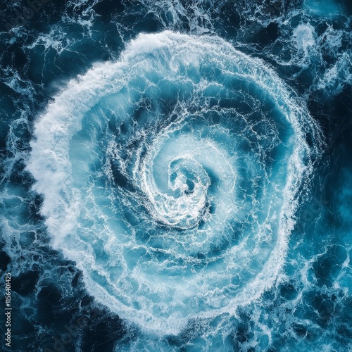 The image is of a large wave with a spiral shape. The water is blue and the wave is crashing against the shore. Scene is calm and peaceful, as the wave is not too large photo