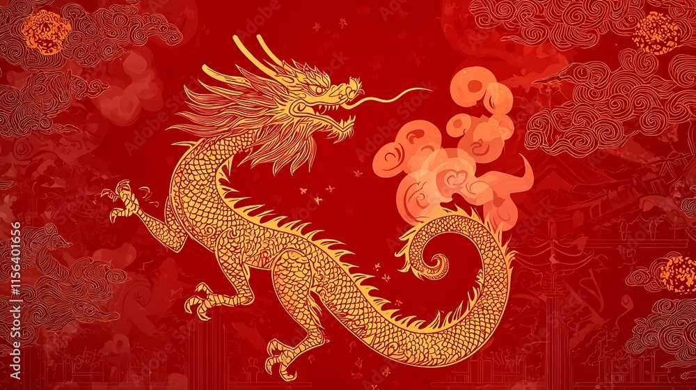 Fototapeta premium A glowing red background with an isolated golden dragon with fiery eyes and smoke trailing from its nostrils, exuding strength
