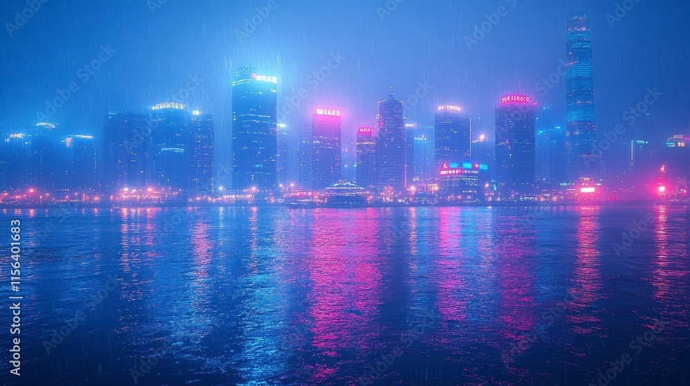 Night cityscape reflected in calm water, hazy atmosphere, vibrant lights. Night cityscape reflected in calm water, hazy atmosphere, vibrant lights.