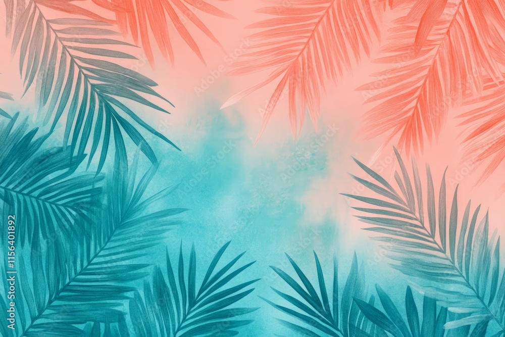 A beautiful blue and pink background with a striking contrast of green and pink palm leaves. The leaves are arranged in a way that creates a sense of depth and movement A beautiful blue and pink background with a striking contrast of green and pink palm leaves. The leaves are arranged in a way that creates a sense of depth and movement