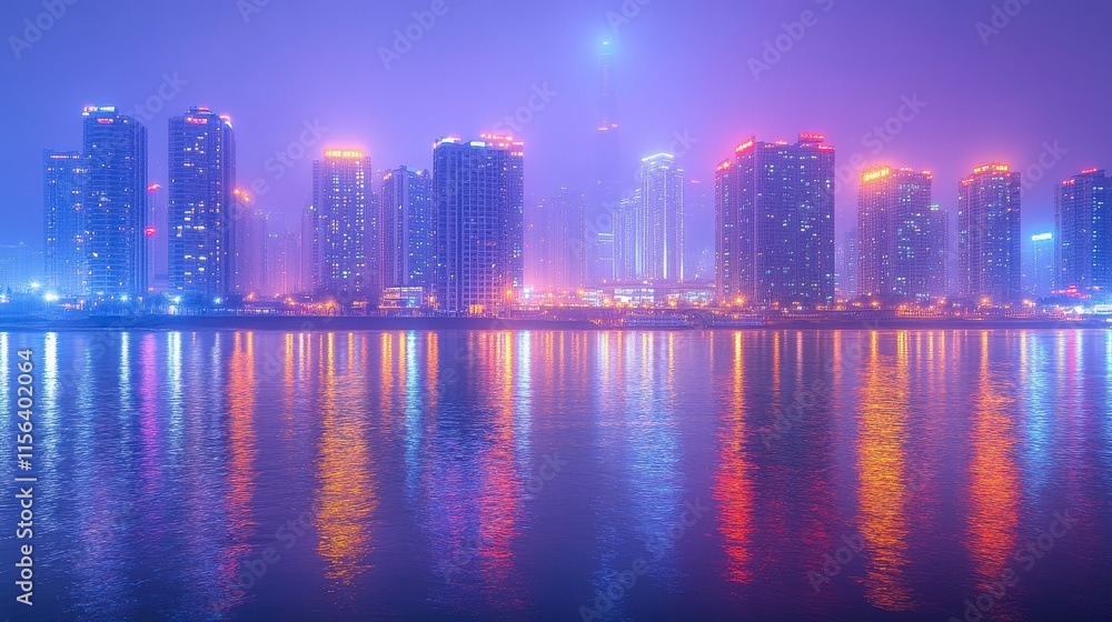 Night cityscape reflected in calm water, hazy purple and orange tones. Night cityscape reflected in calm water, hazy purple and orange tones.