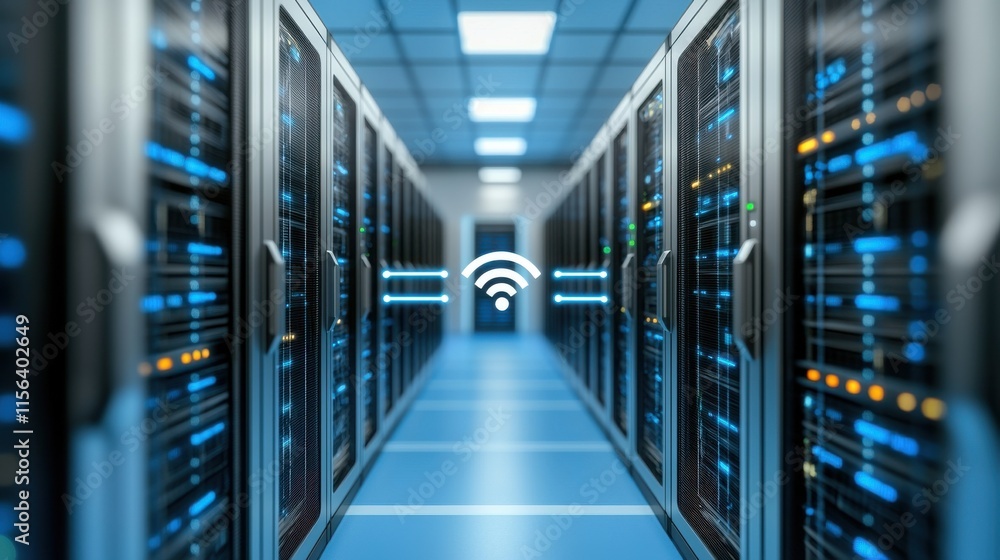 A futuristic data center corridor filled with server racks, illuminated by blue lights, featuring a prominent Wi-Fi symbol in the background. A futuristic data center corridor filled with server racks, illuminated by blue lights, featuring a prominent Wi-Fi symbol in the background.