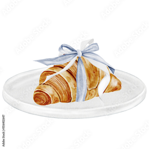 Croissant on a plate watercolor. Hand drawn fresh french bun with a vintage bow. Food clip art. Ideal for bakery prints, postcards and pastry shop posters.