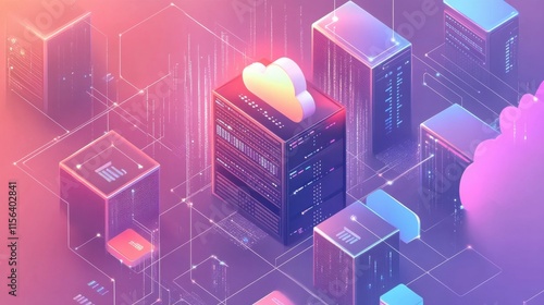 A vibrant digital landscape featuring cloud storage and server components, symbolizing modern data management and connectivity.