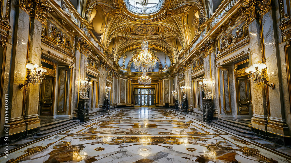 Obraz premium A luxurious hotel lobby featuring stunning marble floors, elegant chandeliers, and rich gold accents, exuding an atmosphere of sophistication and opulence for guests and visitors.