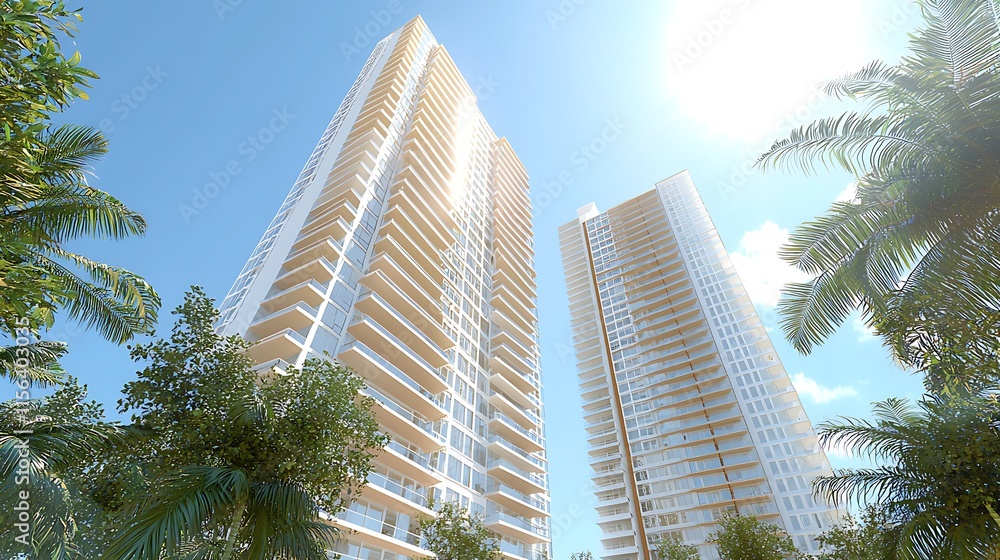 Fototapeta premium Two Modern Highrise Buildings Amidst Lush Tropical Foliage