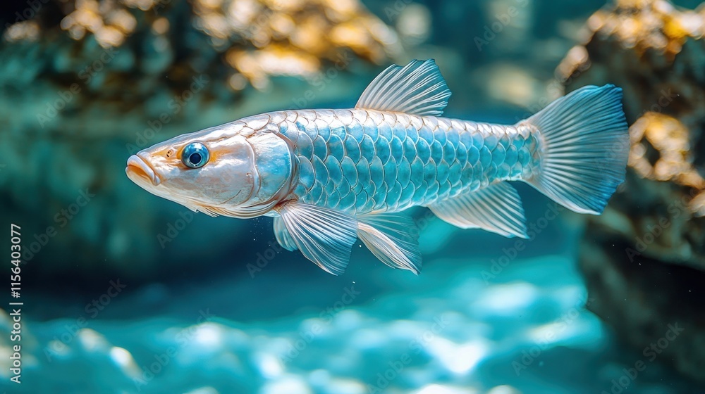 A single iridescent silver arowana fish swims gracefully in a clear aquarium, its scales shimmering in the underwater light. A single iridescent silver arowana fish swims gracefully in a clear aquarium, its scales shimmering in the underwater light.
