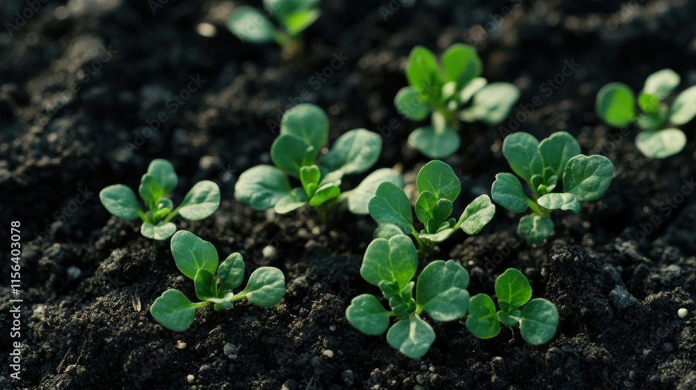 Green seedlings sprout from dark soil, showcasing new life and growth in a garden setting. Green seedlings sprout from dark soil, showcasing new life and growth in a garden setting.