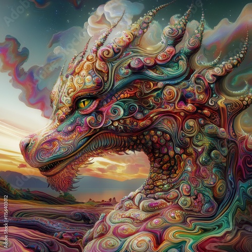 Wallpaper Mural A stunning abstract dragon with swirling patterns and vivid colors, set against a fantasy landscape. Perfect for creative and imaginative projects. Torontodigital.ca