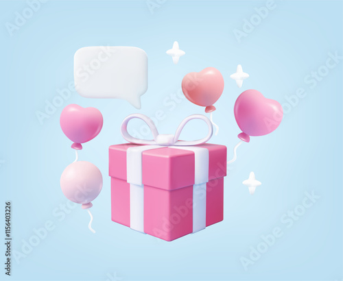 3D illustration. Vector rendering of pink gift box icon, white ribbon. Heart-shaped balloons and circles float around. with messages in speech bubbles and sparkling stars The concept of giving gifts