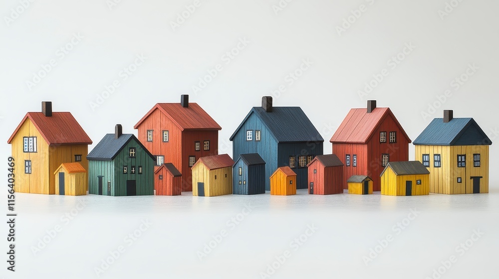 Colorful miniature wooden houses arranged in a row on a white background. Colorful miniature wooden houses arranged in a row on a white background.
