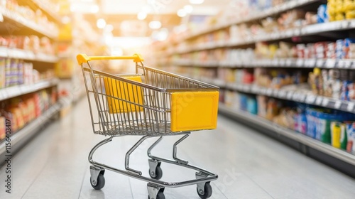 Wallpaper Mural A shopping cart stands empty in a grocery aisle, surrounded by shelves stocked with various products, illuminated by warm sunlight. Torontodigital.ca