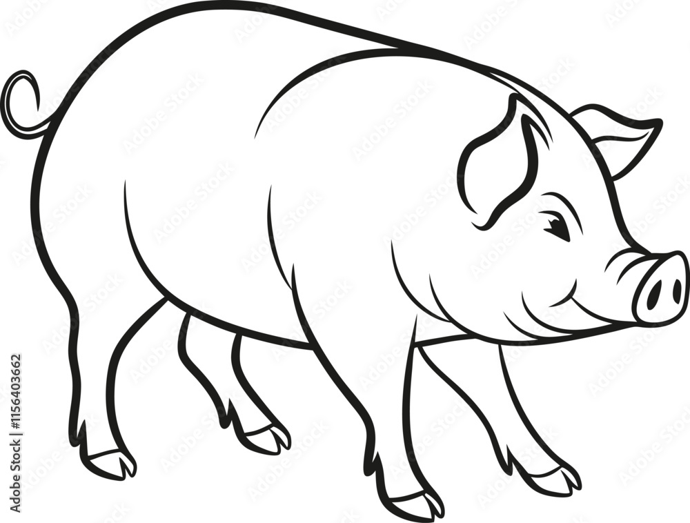 The pig outline vector and straightforward illustration line art design on a white background. The pig outline vector and straightforward illustration line art design on a white background.