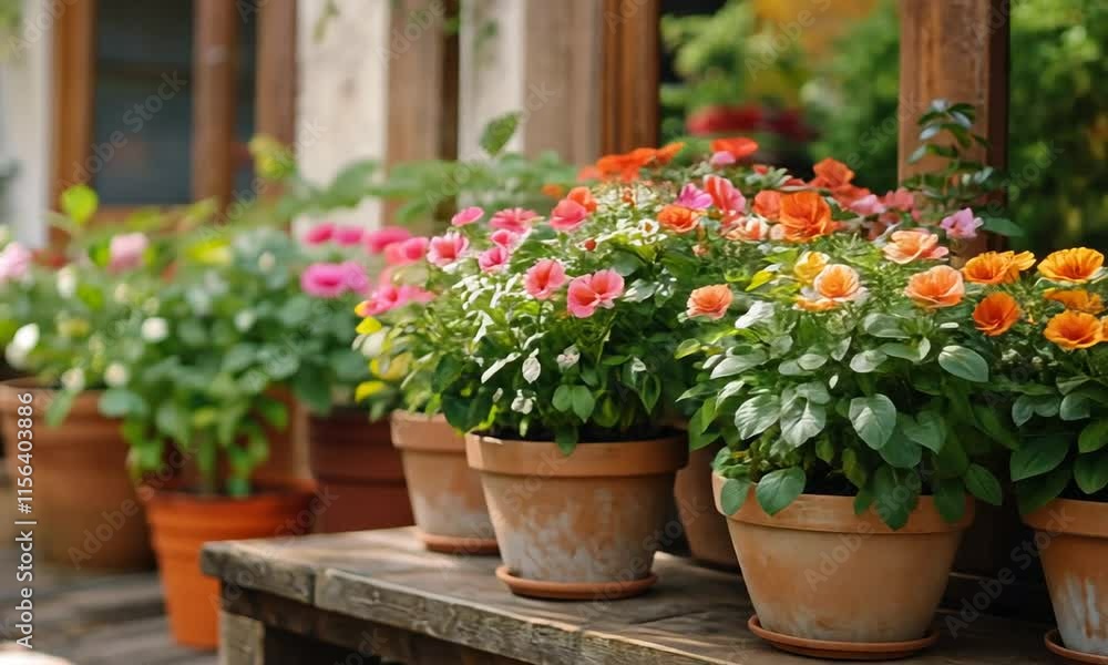 Vibrant flower pots arranged on a wooden table in a garden setting. Vibrant flower pots arranged on a wooden table in a garden setting.