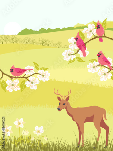 vector drawing spring landscape with nothern cardinal birds, deer, flowers, sun and trees, hand drawn illustration