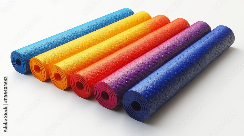 Colorful rolled yoga mats in a row on white background. Colorful rolled yoga mats in a row on white background.