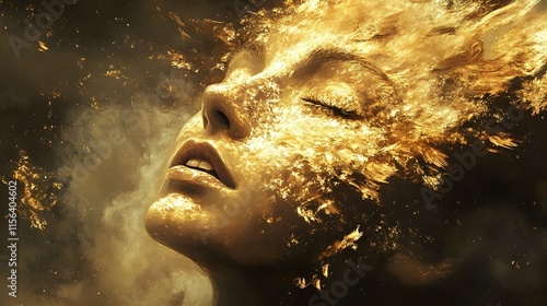 Woman's face engulfed in golden flames, ethereal, surreal.