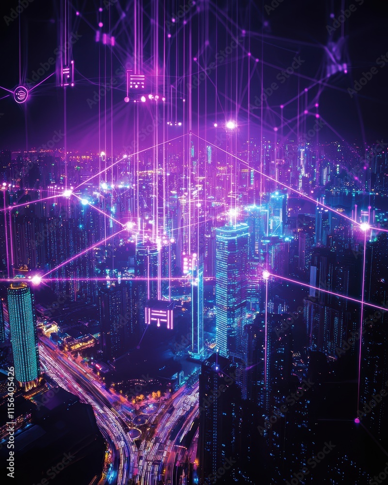 Vibrant Cityscape at Night with Digital Network Connections Visual Vibrant Cityscape at Night with Digital Network Connections Visual