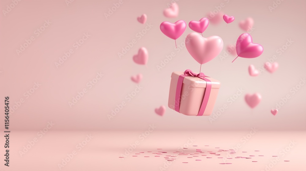 Romantic Valentine's Day with delicate pink heart and floating gift box in soft pastel-hued sky, beautiful bokeh effect showing love. Heartwarming moment for lovers on this special day