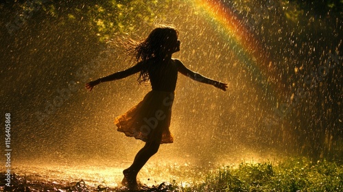Girl joyfully dances in rain, backlit by rainbow.