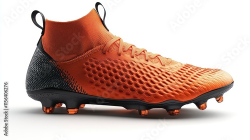Orange soccer cleat with black accents, high top, textured design, and orange studs.