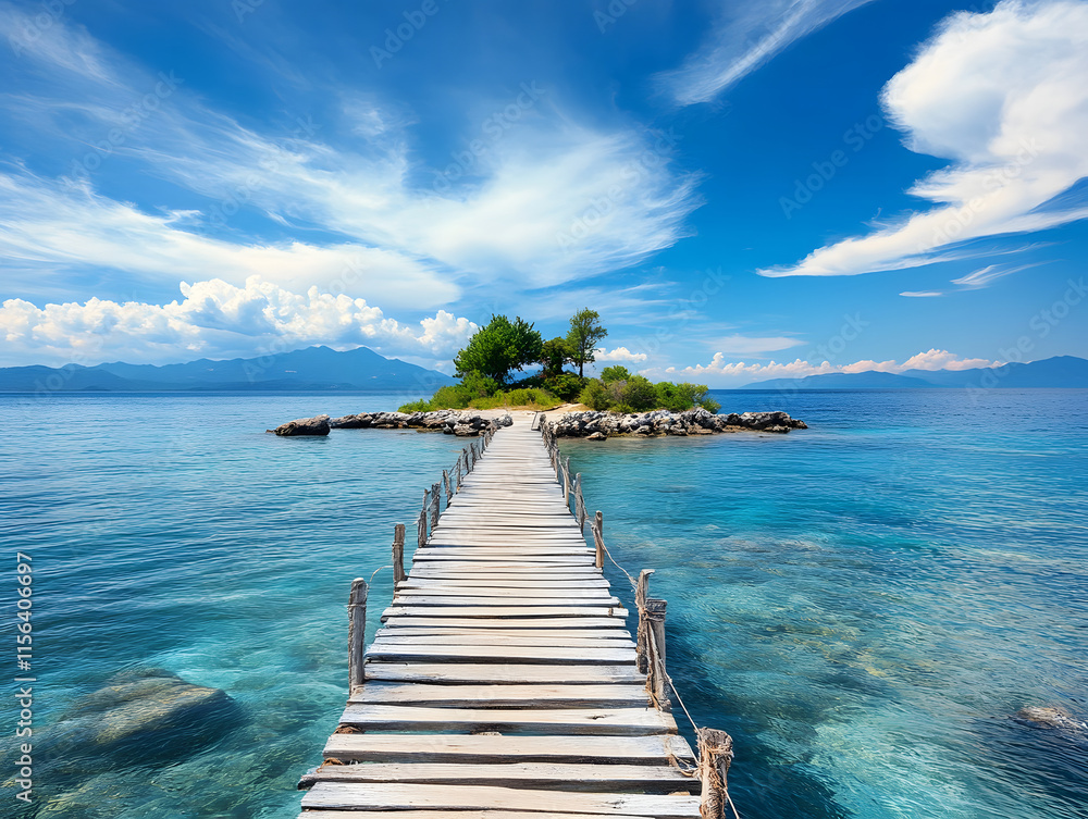Naklejka premium A wooden bridge leading to an island in the middle of a clear blue sea with a beautiful sky