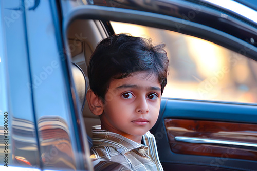 A young Indian boy marvels at the grandeur of a luxury car, his eyes wide with wonder and awe, dreaming of the day he too can enjoy such opulence and extravagance. photo