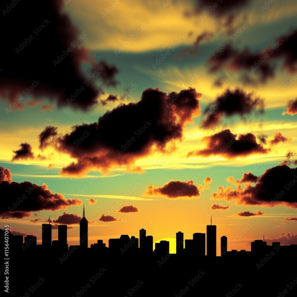 Fototapeta premium A vibrant city skyline silhouetted against colorful clouds at sunset creating a stunning and dreamy atmosphere. skyline silhouette. cityscape illustration architecture city 