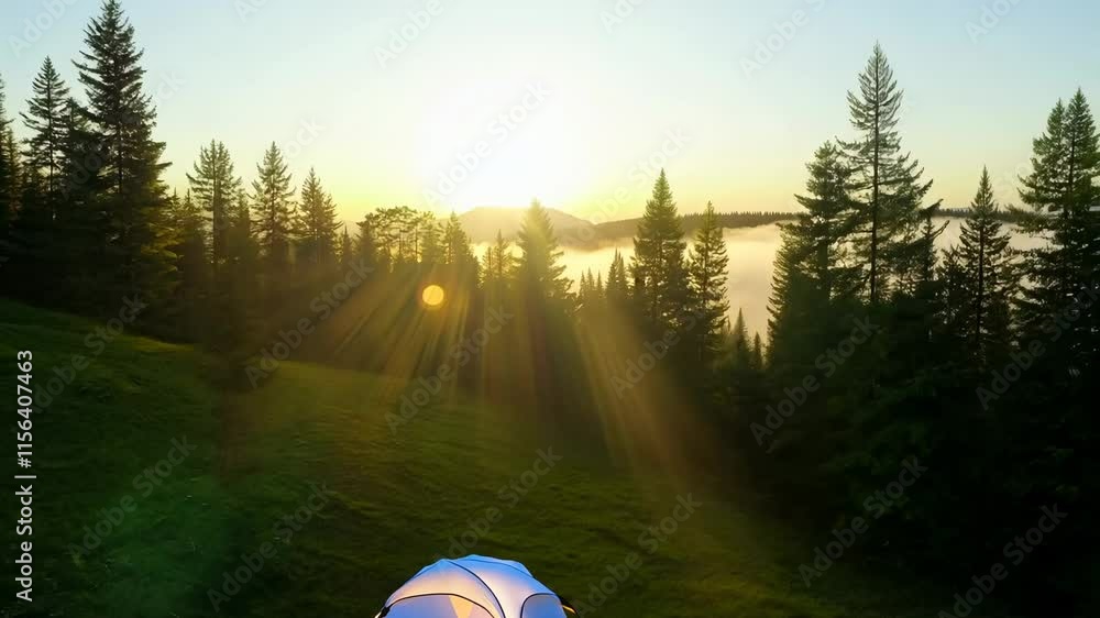 A lonely tent in the forest in the rays of the morning sun. Escape from the noise of the big city. Escape the hustle and bustle with a peaceful tent in the morning forest.