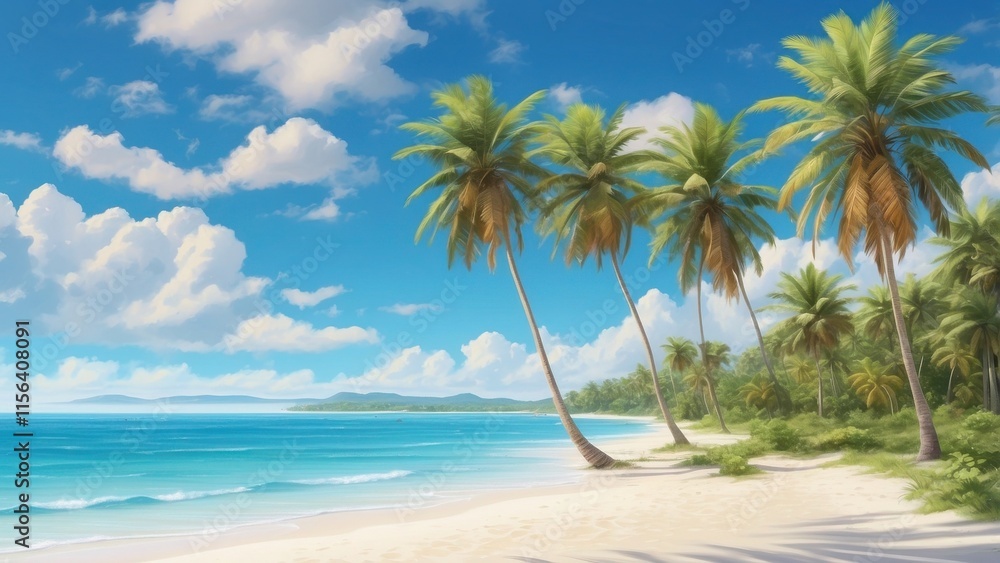 A tropical beach with turquoise waters, soft white sands, and swaying palm trees under a bright, sunny sky. A tropical beach with turquoise waters, soft white sands, and swaying palm trees under a bright, sunny sky.
