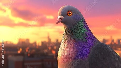 A Vibrant Pigeon Against A City Sunset Backdrop photo