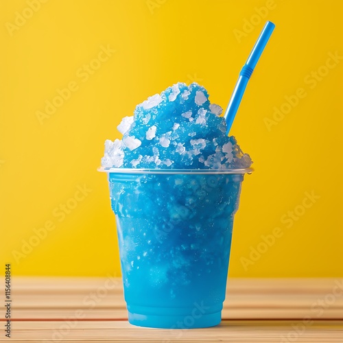 Blue raspberry slushie in a clear cup, blue color with crushed ice and straw, summer vibes.